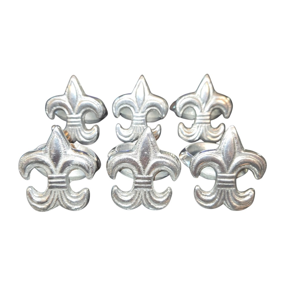 IHI Fleur De Lis Napkin Rings Silver‎ Tone Pewter Set of 6 French Country 2.25"